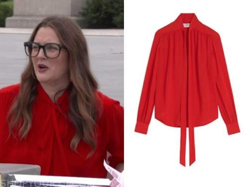 drew barrymore, drew barrymore show, red tie neck blouse