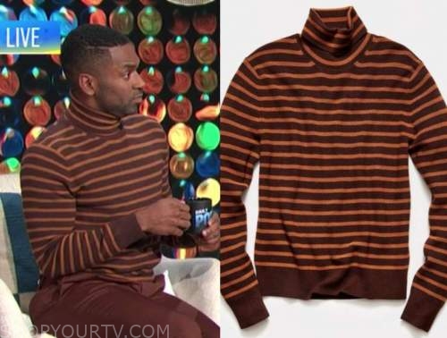 justin snyder, E! news, daily pop, brown striped turtleneck