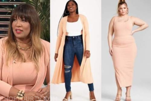 kym whitley, E! news, daily pop, orange peach cardigan, knit top, knit skirt