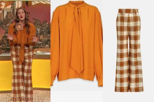 drew barrymore, drew barrymore show, orange tie neck top, orangep plaid pants