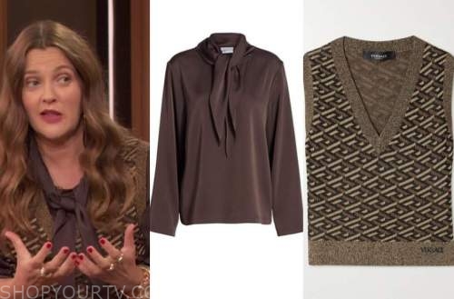 drew barrymore, drew barrymore show, brown tie neck top, metallic sweater vest