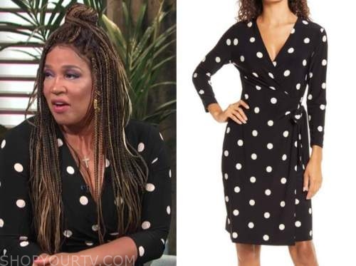 kym whitley, E! news, daily pop, black polka dot wrap dress