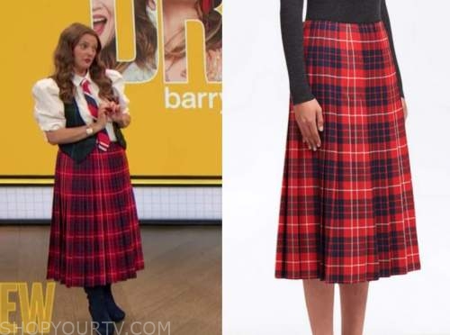 drew barrymore, drew barrymore show, red plaid pleated skirt