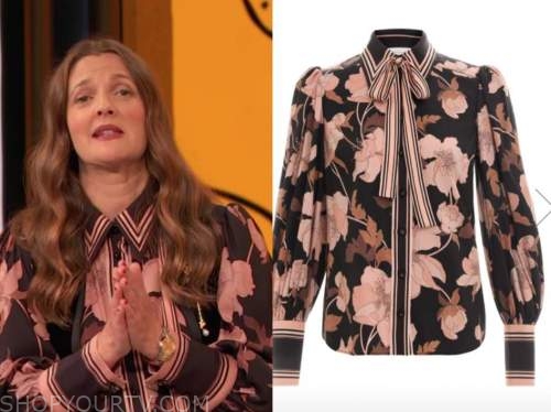 drew barrymore, drew barrymore show, floral tie neck blouse
