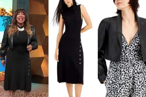 kym whitley, E! news, daily pop, black knit dress, black leather jacket