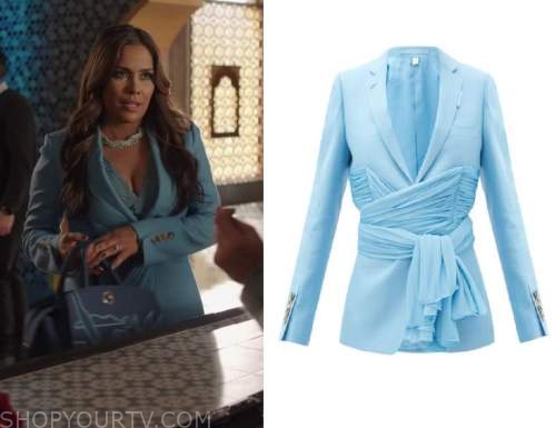 Dynasty: Season 4 Episode 19 Cristal's Blue Tie Front Blazer | Fashion ...