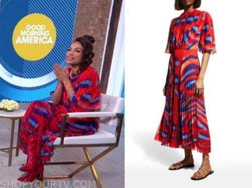 rosario dawson, red and blue pleated printed dress, good morning america