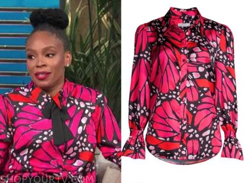 amber ruffin, pink butterfly satin shirt, E! news, daily pop