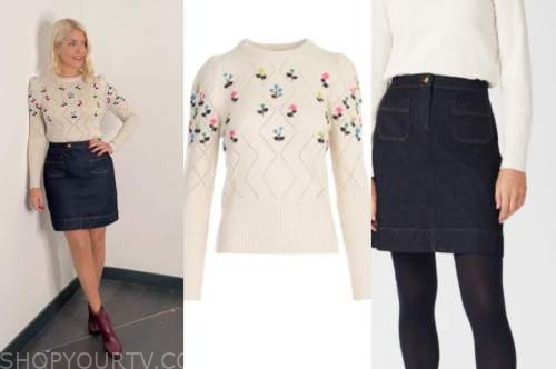 holly willoughby, this morning, denim skirt, ivory jumper