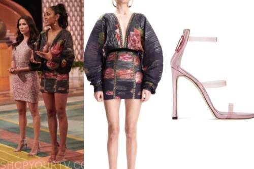 tayshia adams, the bachelorette, black floral dress, pink sandals