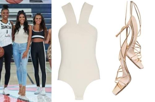 tayshia adams, the bachelorette, ivory knit bodysuit top, gold sandals