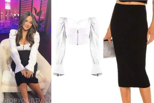 erin lim, E! news, nightly pop, white leather top, black skirt