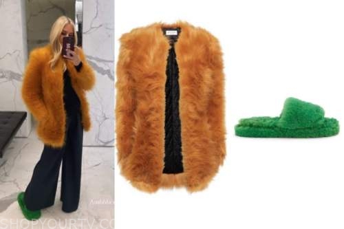 morgan stewart, orange fur jacket, green fur slippers