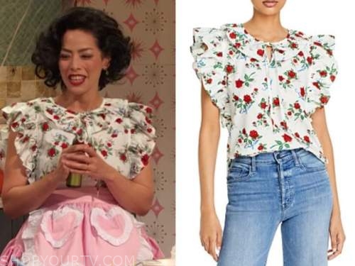 pilar valdes, drew barrymore show, floral ruffle blouse