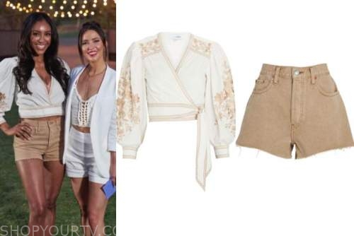 tayshia adams, the bachelorette, embroidered wrap top, beige shorts