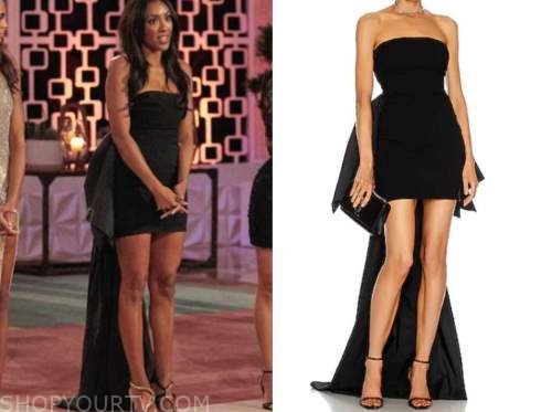 tayshia adams, the bachelorette, black strapless gown