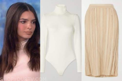 the view, Emily ratajkowski, ivory turtleneck, beige pleated skirt