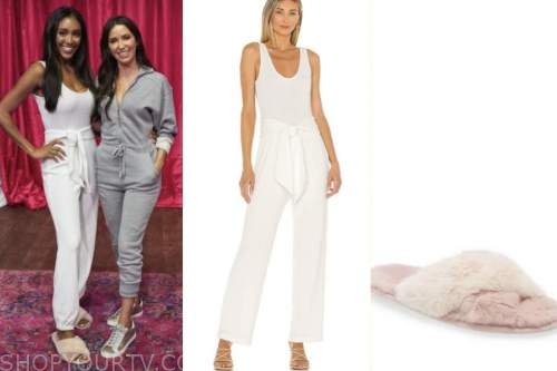tayshia Adams, the bachelorette, white jumpsuit, pink fur slippers