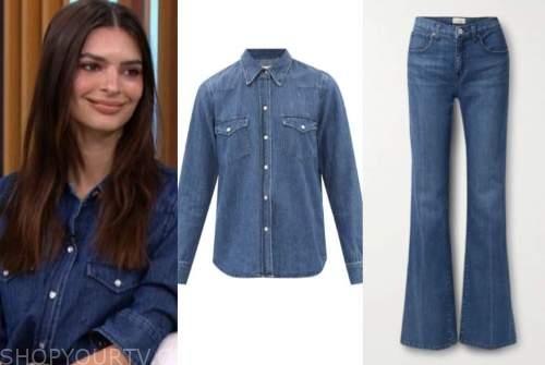 Emily Ratajkowski, denim shirt, denim jeans, cbs mornings