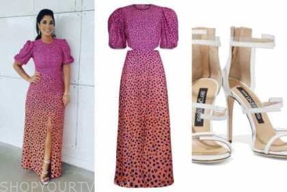 dr. Viviana coles, married at first sight, pink and orange leopard midi dress, white sandals