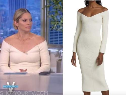 Sara haines, the view, ivory off-the-shoulder knit midi dress