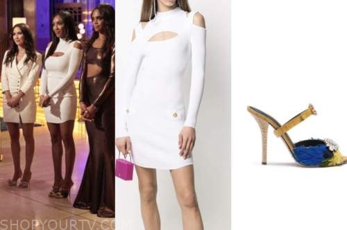 tayshia Adams, the bachelorette, white knit cutout dress, feather heels