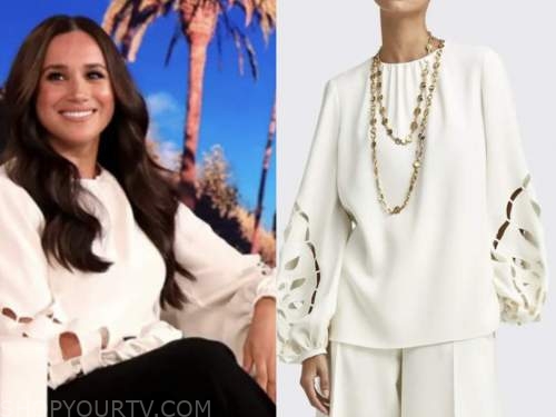 the Ellen Degeneres show, Meghan markle, ivory embroidered cutout blouse