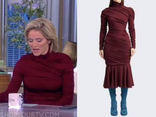 Sara haines, the view, burgundy ruched top and skirt