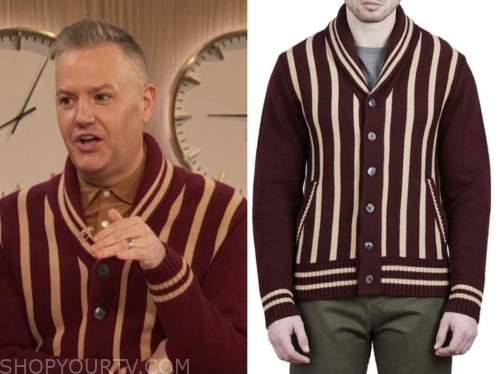 ross Mathews, burgundy striped shawl collar cardigan sweater, drew barrymore show