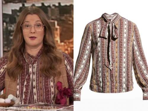 drew barrymore, drew barrymore show, striped tie neck blouse
