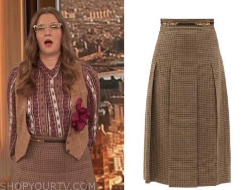 drew barrymore show, drew barrymore, brown pleated check midi skirt