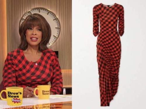 Gayle king, drew barrymore show, red and black check ruched dress