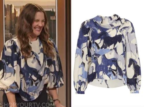 drew barrymore, drew barrymore show, blue and ivory drape top