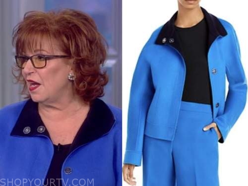 joy behar, the view, blue and black cashmere wool jacket coat