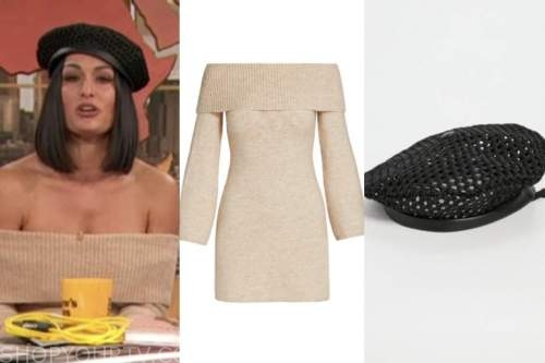 drew barrymore show, Nikki Bella, beige off-the-shoulder sweater dress, black beret hat