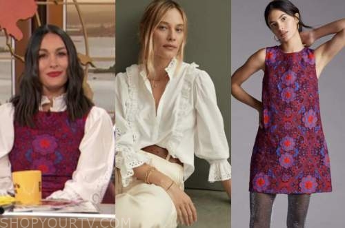 brie bella, drew barrymore show, white eyelet top, purple floral shift dress