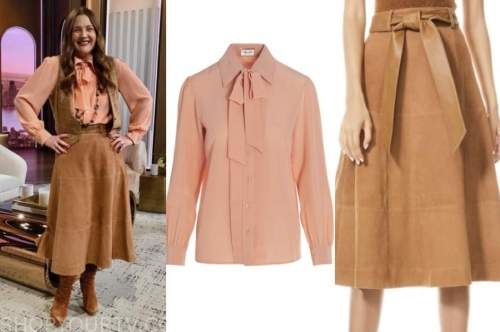 drew barrymore, drew barrymore show, coral tie neck blouse, brown suede skirt