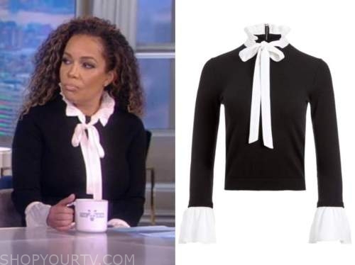 sunny hostin, the view, black and white ruffle tie neck sweater