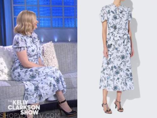 kirsten dunst, the kelly clakrson show, blue floral tie neck midi dress
