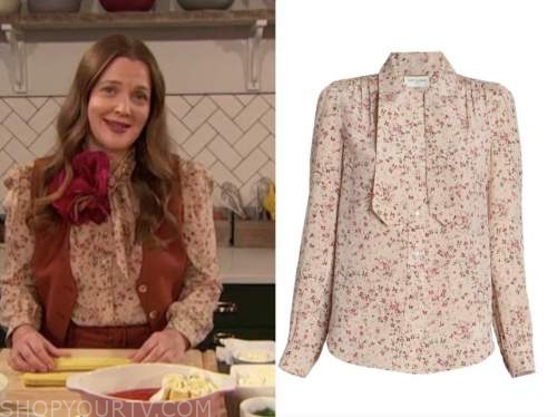 drew barrymore, drew barrymore show, beige floral tie neck blouse