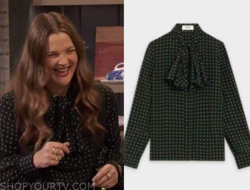 drew barrymore, drew barrymore show, black and green polka dot tie neck blouse