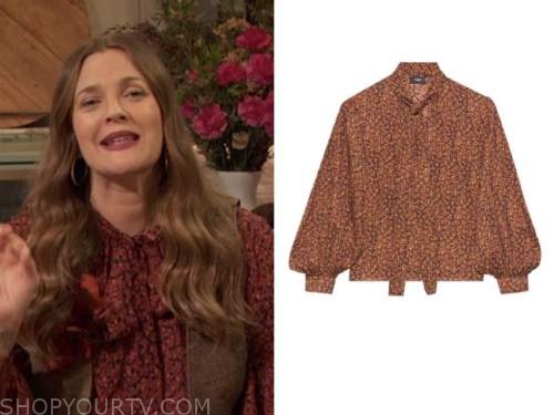 drew barrymore, drew barrymore show, red floral tie neck blouse