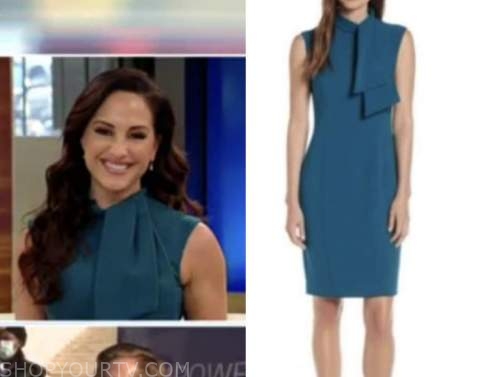 emily compagno, outnumbered, teal tie neck sheath dress