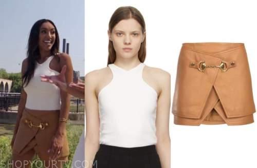 tayshia adams, the bachelorette, white top, tan leather skirt