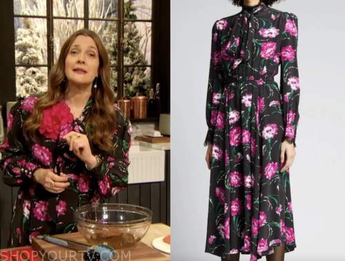 drew barrymore, drew barrymore show, black and pink floral tie neck midi dress