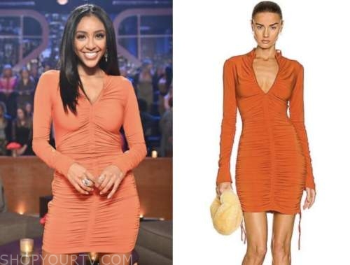 tayshia adams, the bachelorette, orange ruched zip-front dress