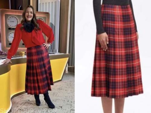 drew barrymore, drew barrymore show, red plaid pleated skirt