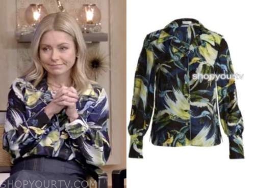 kelly ripa, abstract satin shirt, live with kelly and ryan