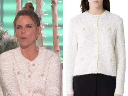 The Talk: December 2021 Natalie Morales's White Metallic Cardigan ...