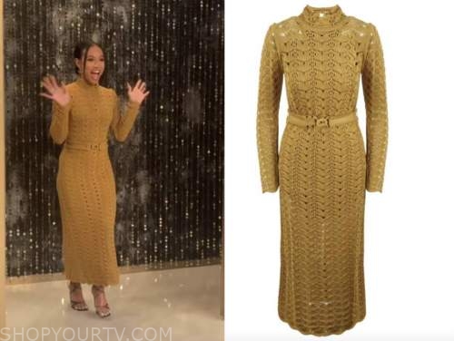 Karrueche Tran, tamron hall show, yellow gold crochet knit midi dress